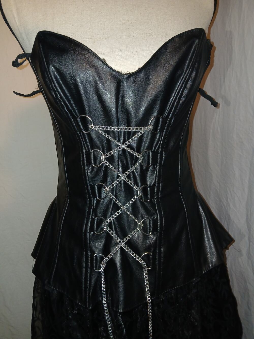 Black Leather-Look Silver Chain Lace-Up Gothic Corset Top